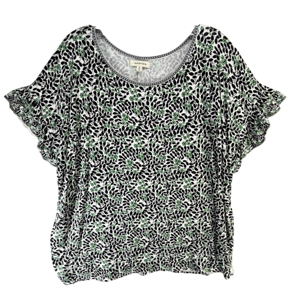 Max Studio Flutter Sleeve Knit Top Womens 1X Black Green Floral Leaf Feminine